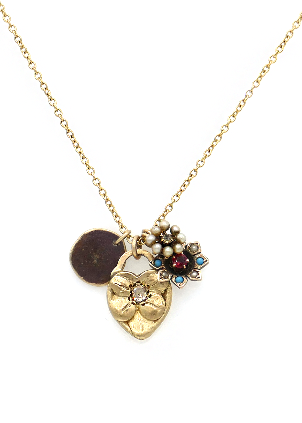 Vintage Charms Necklace in 14K Gold with Heart, Disc & Flower Charms