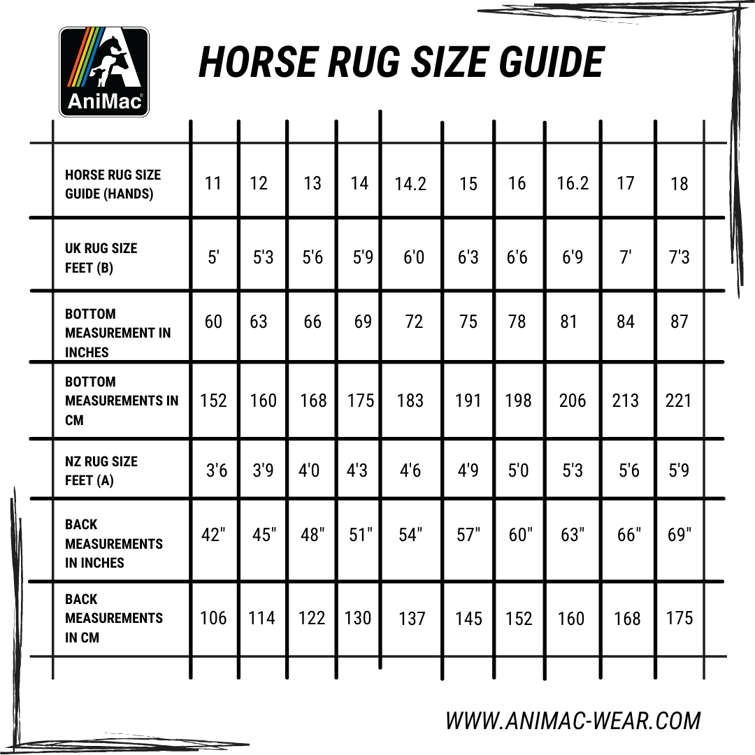 AniMac Horse Rug Size Guide for Fly Rugs and Lightweight horse rug