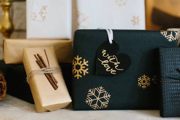 Gift Wrap - Black & Gold Metallic Snowflake