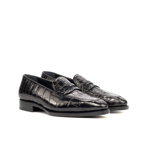 Ambrogio Bespoke Men's Handmade Custom Shoes Black Exotic Alligator / Calf-Skin Leather Loafers