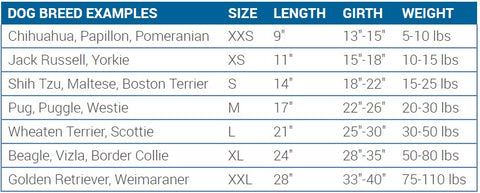 RC Dog Clothing Stratus Puffer Coat Size Chart