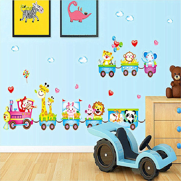 NEW!!!Cartoon Childrens 3D Jungle Animal Train Monkey Bird Tree Zoo Removable Wall Sticker Decal Home Nursery Kids Room Decor