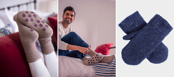 Woman and man wearing grey knitted socks with purple non-slip grip and then an image of navy knitted mittens