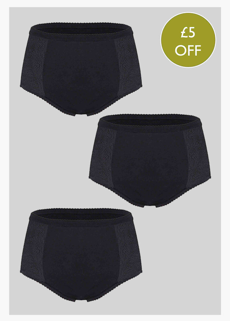 3 Pack Mid Absorbent Knickers, Black