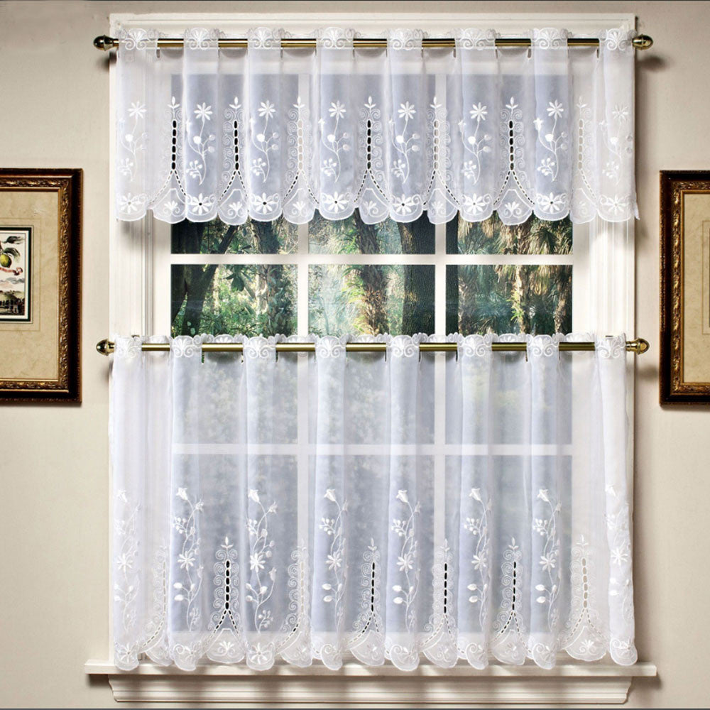 Samantha Embroidered Sheer Kitchen Valance And Tier Curtains
