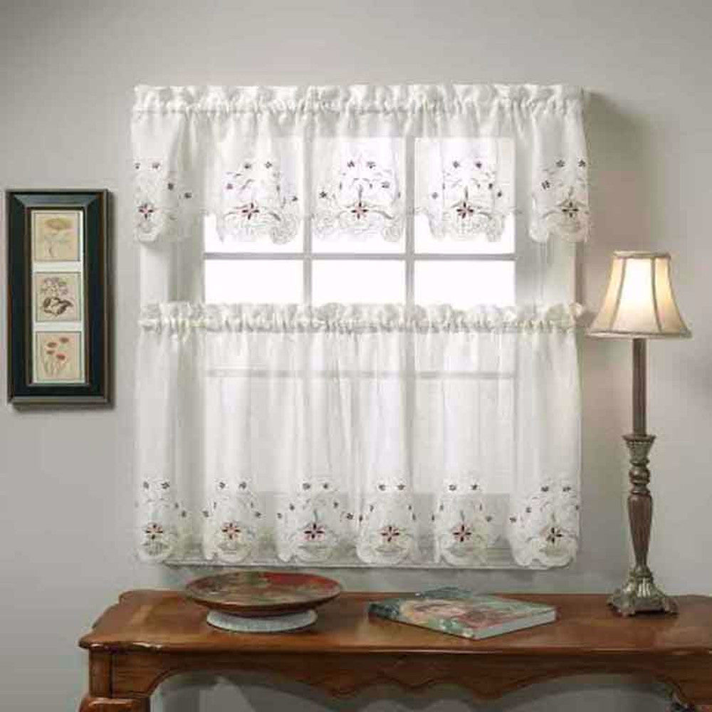 Sunshine Semi Sheer Embroidery Kitchen Valance And Tier Curtains