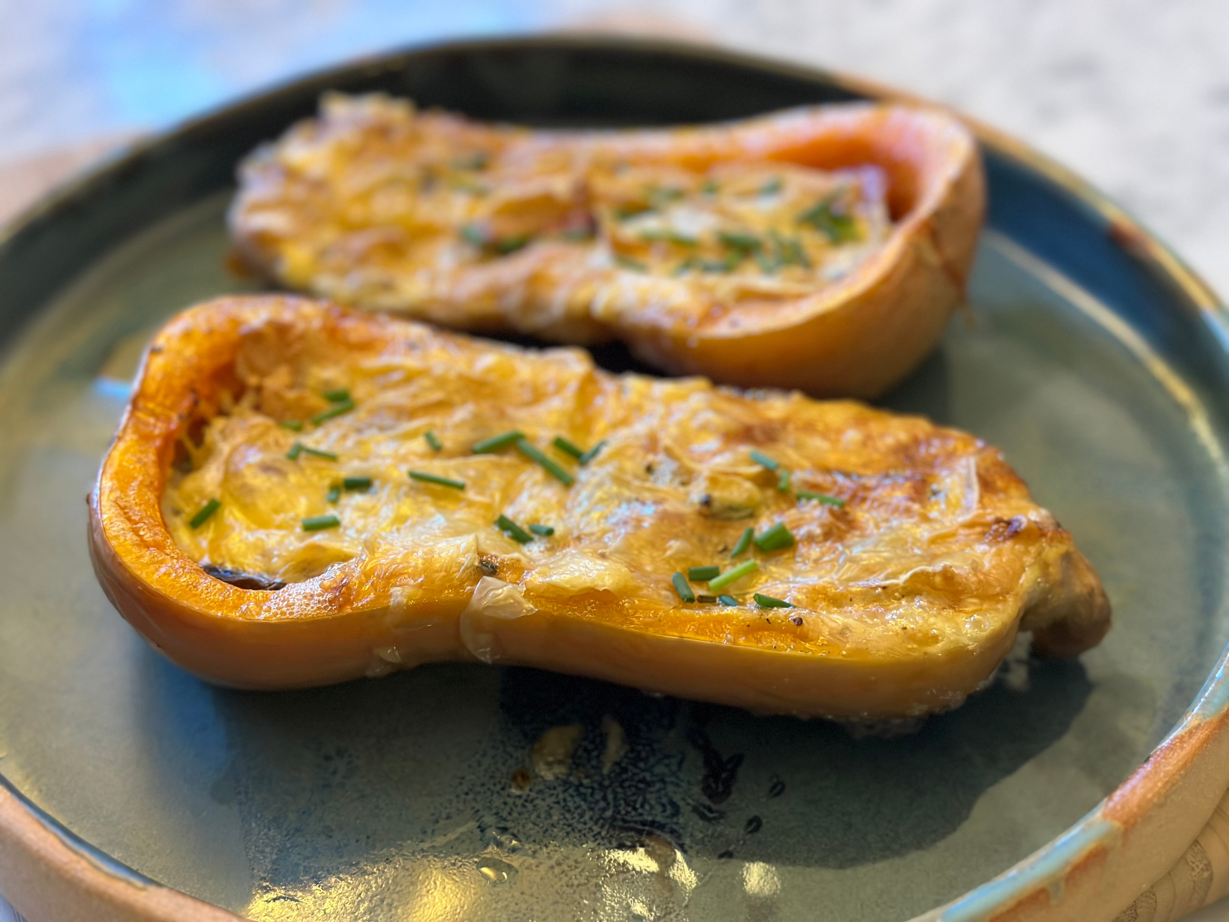 Stuffed butternut squash with cheese bacon and mushrooms recipe