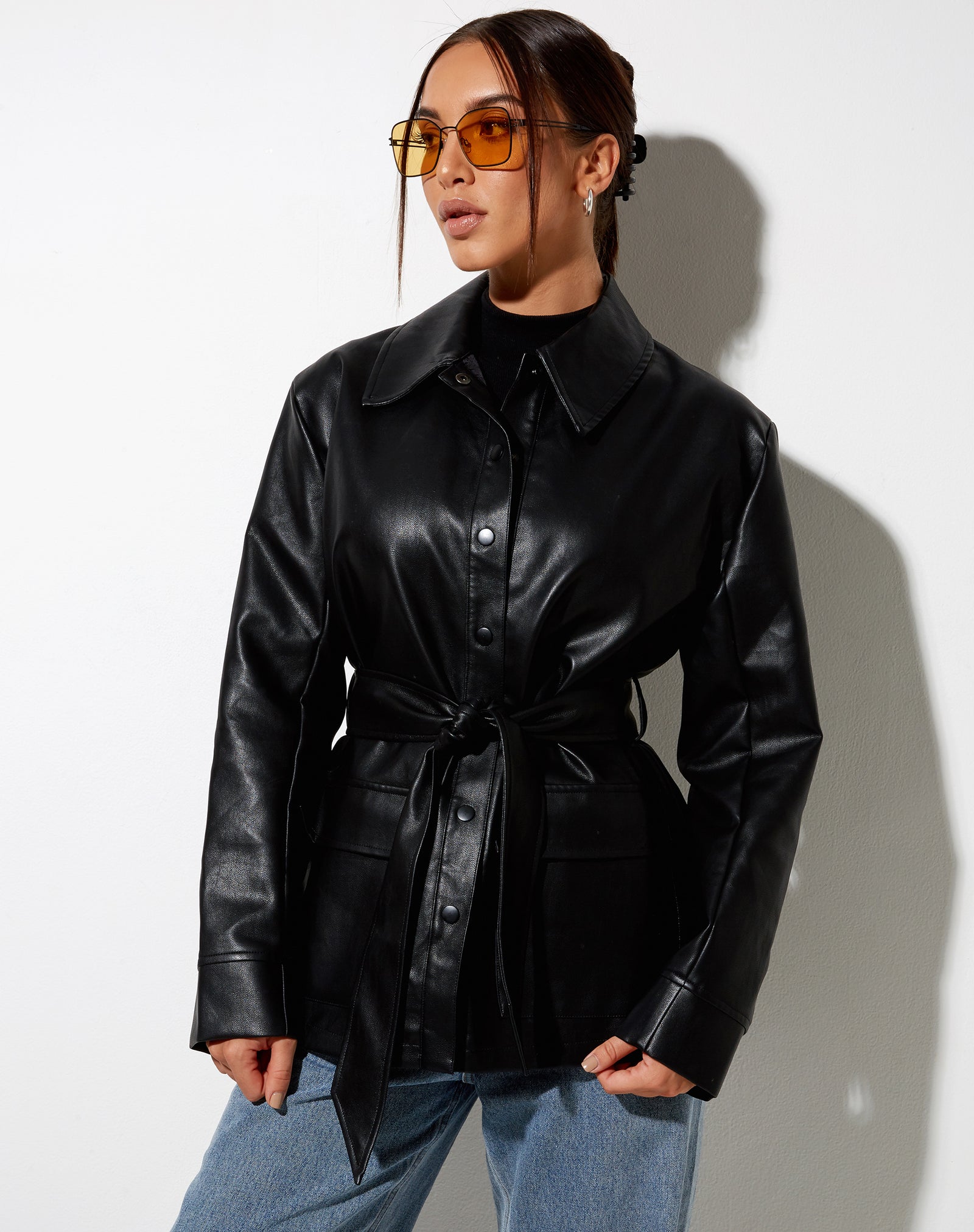 Black PU Jacket | Belted Jacket – motelrocks.com