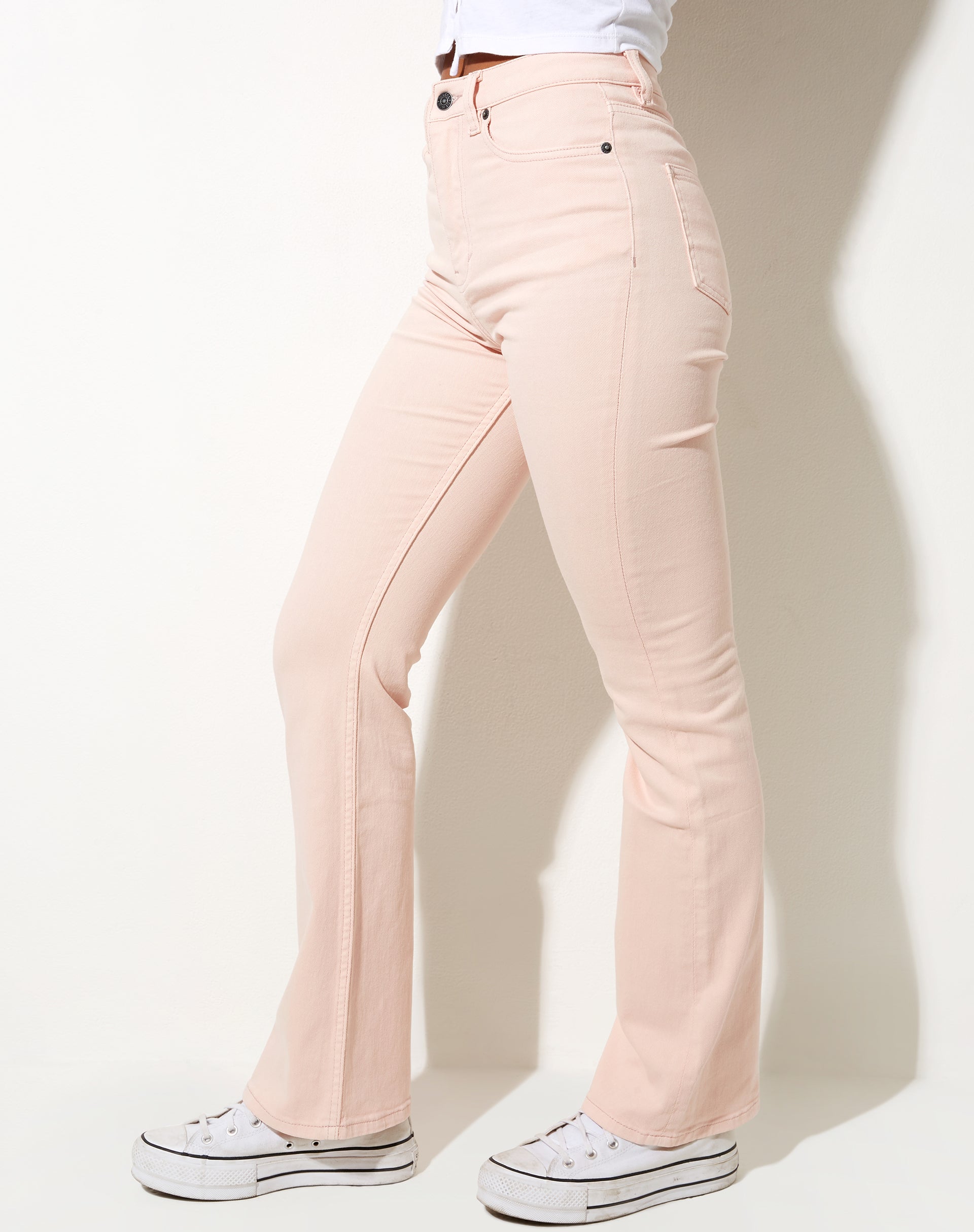 High Waisted Pale Pink Flared Jeans | Bootleg – motelrocks.com