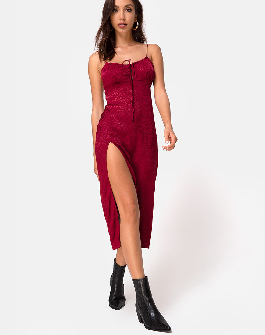 red thigh split midi dress