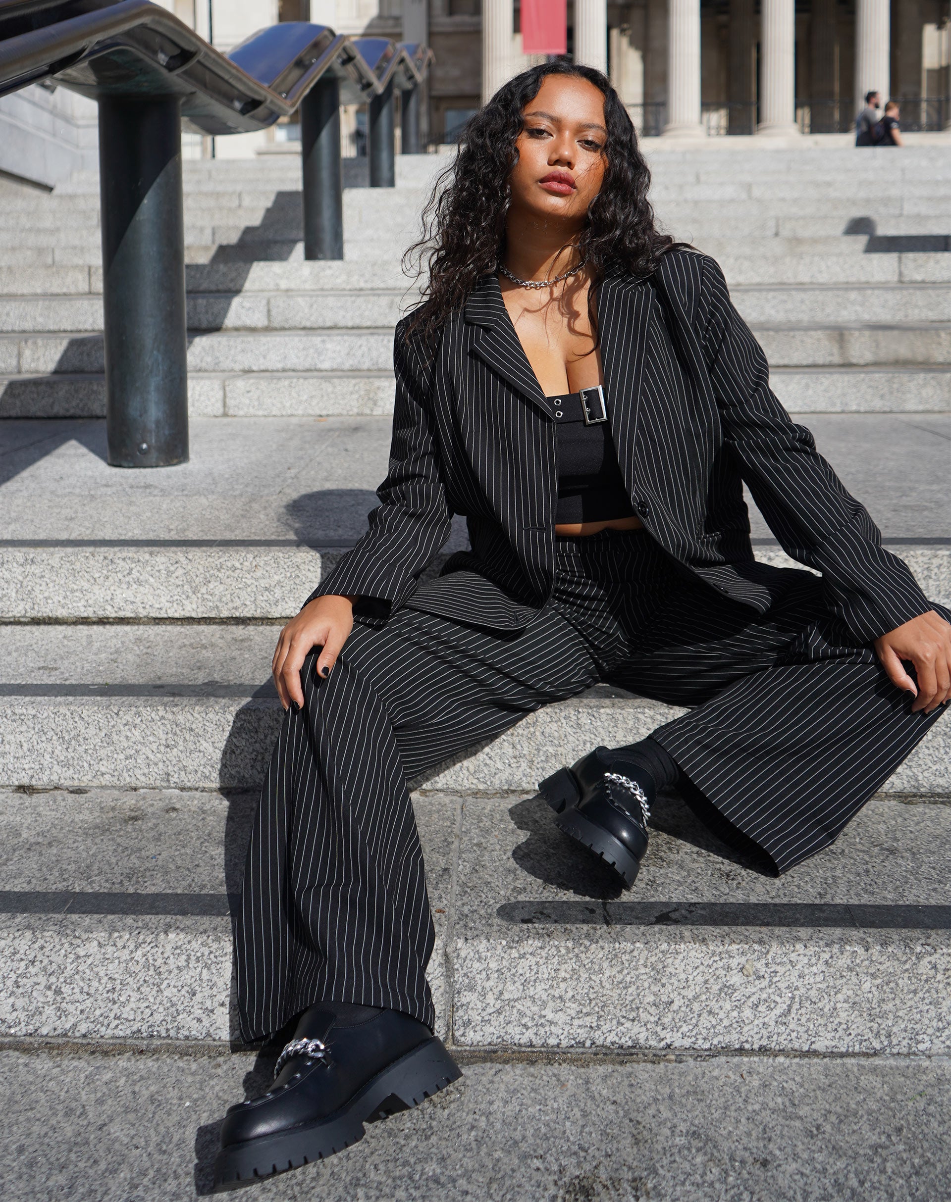 Pinstripe Black Wide Leg Trousers | Saskira#N#– motelrocks.com