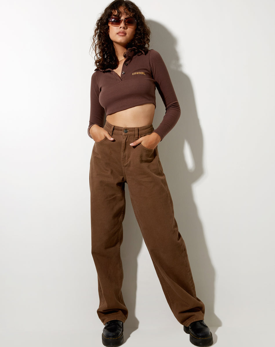 Brown Cowgirl Long Sleeve Crop Top | Elody – motelrocks.com