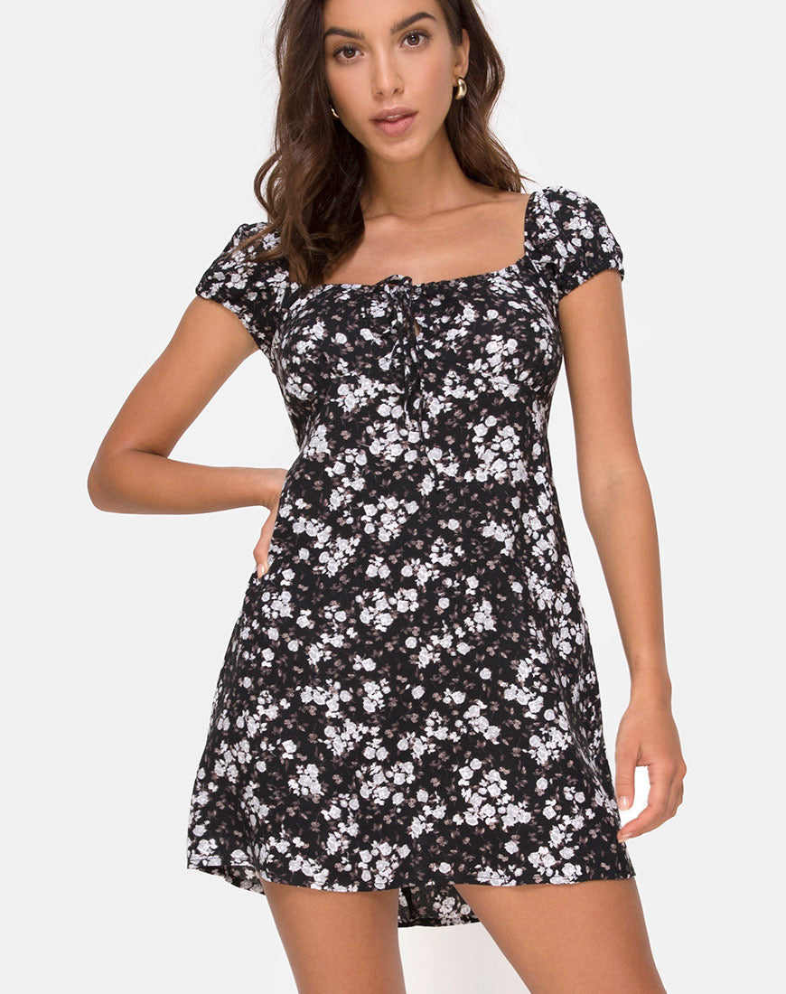 Short Sleeve Brown and White Floral Mini Dress | Gaval – motelrocks.com