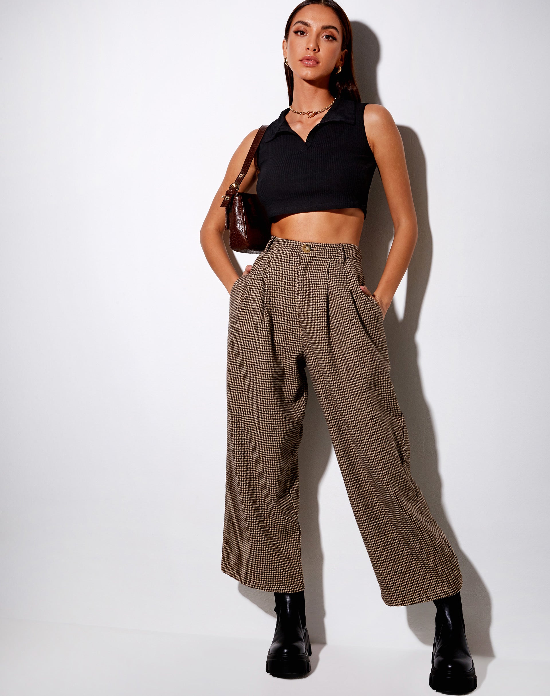 Brown Check Crop Wide Leg Trouser | Hatta – motelrocks.com