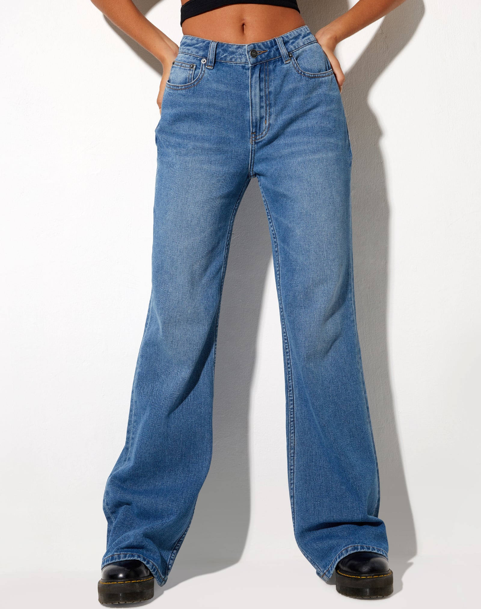 Blue Denim Low Rise Flared Jeans | Low Slung – motelrocks.com