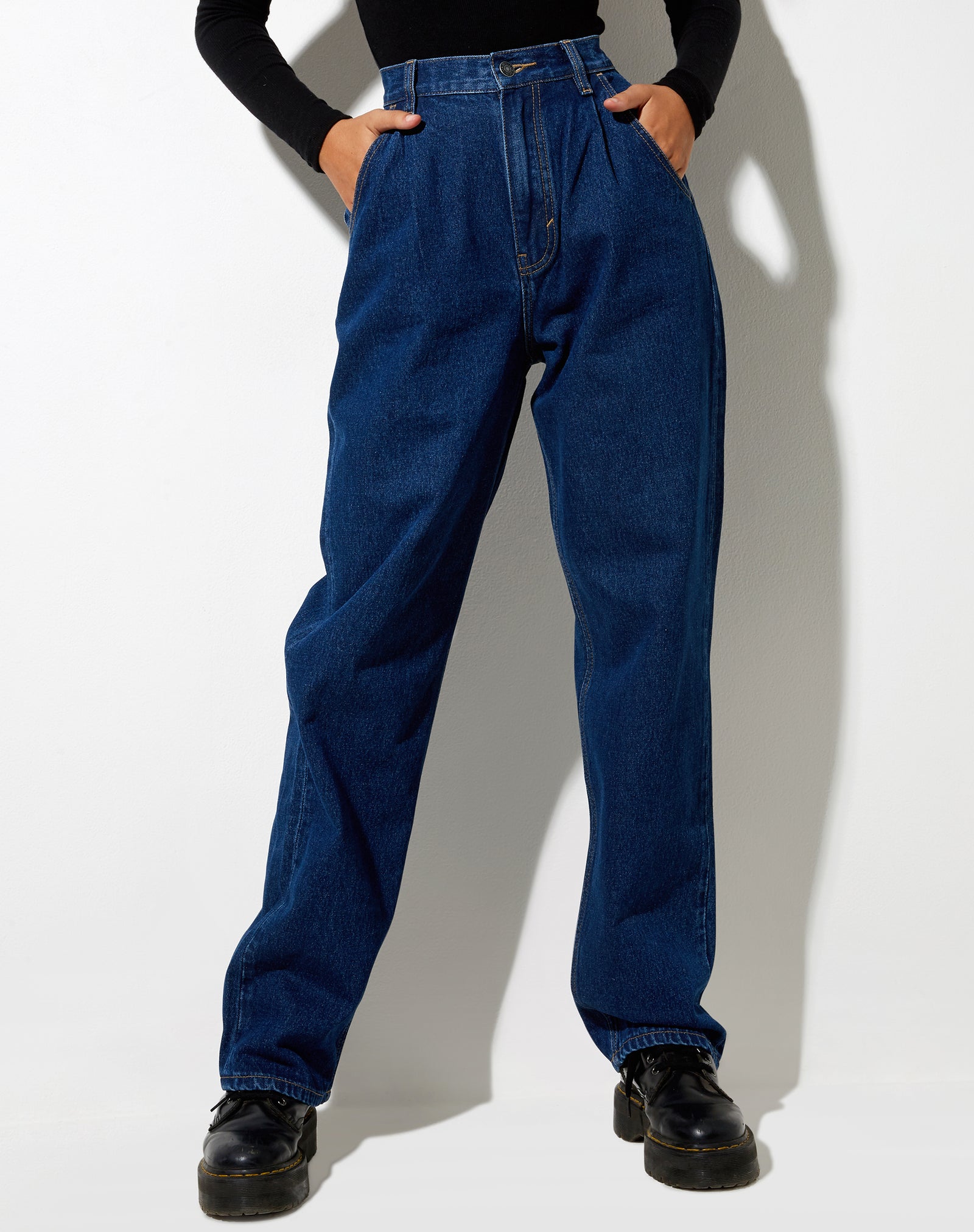 High Waisted Indigo Blue Straight Wide Leg Denim Jeans | Pleated ...