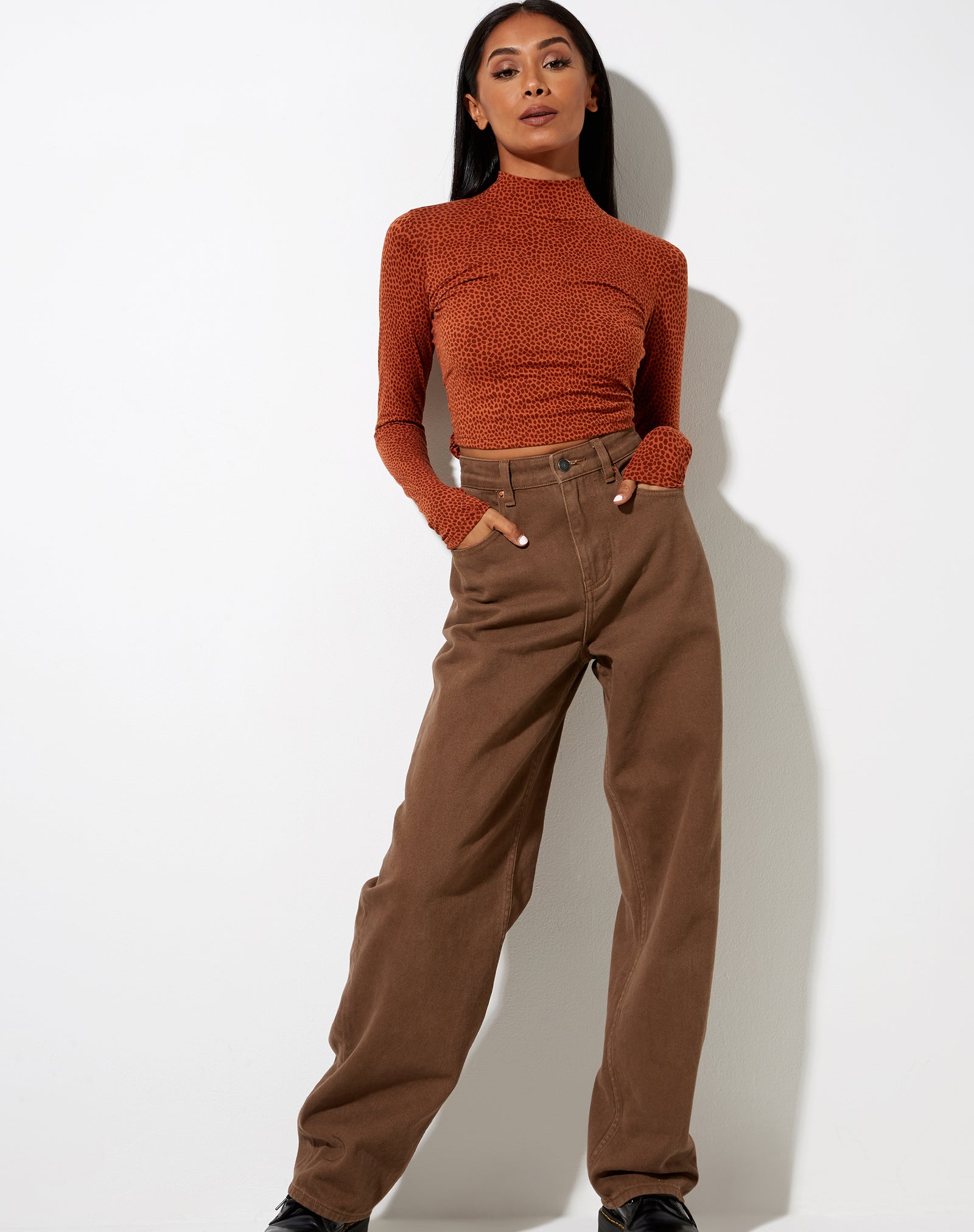 Brown Croc Print Long Sleeve Backless Crop Top | Quky – motelrocks.com