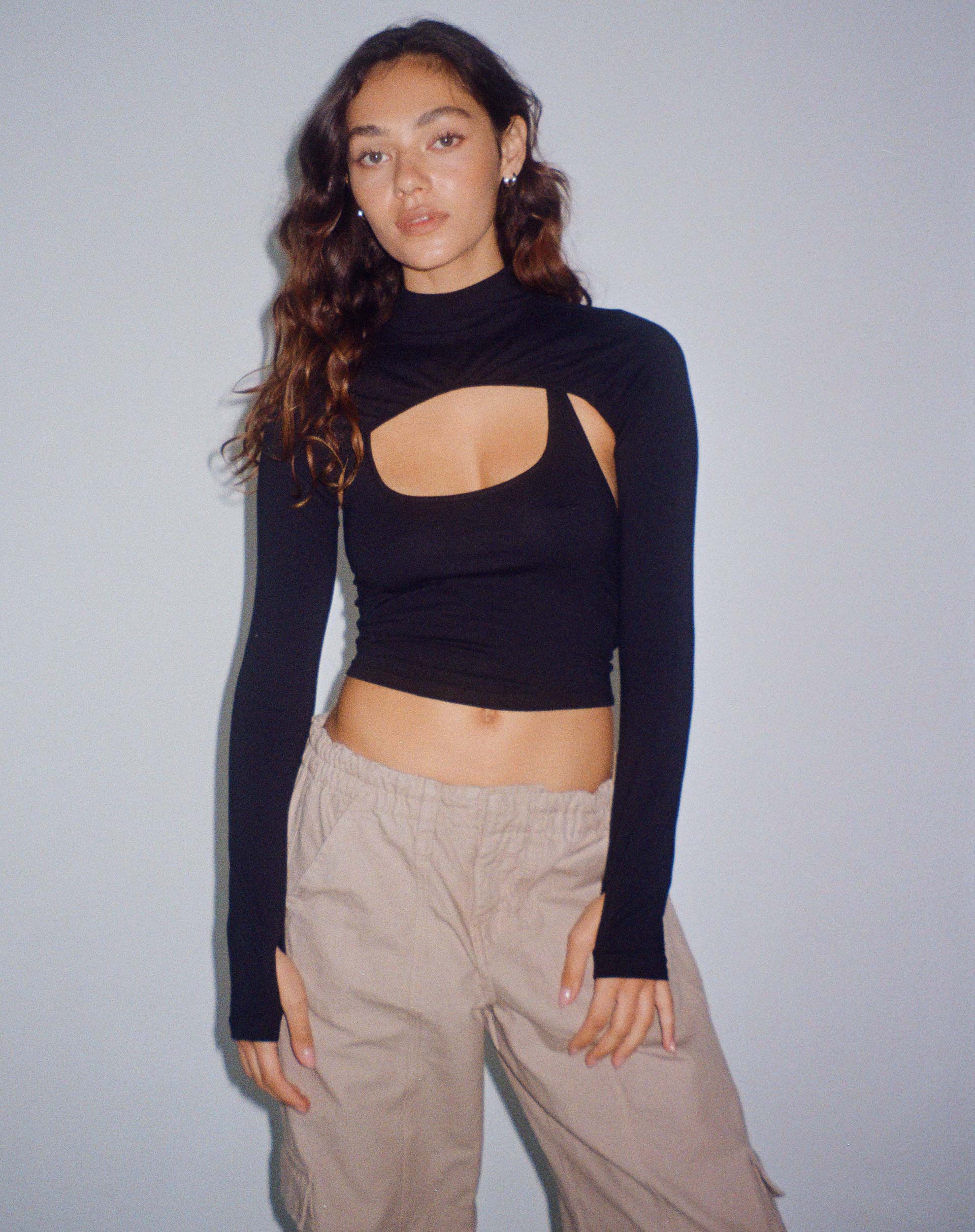 Black Fitted Long Sleeve Cropped Top | Amabon – motelrocks.com