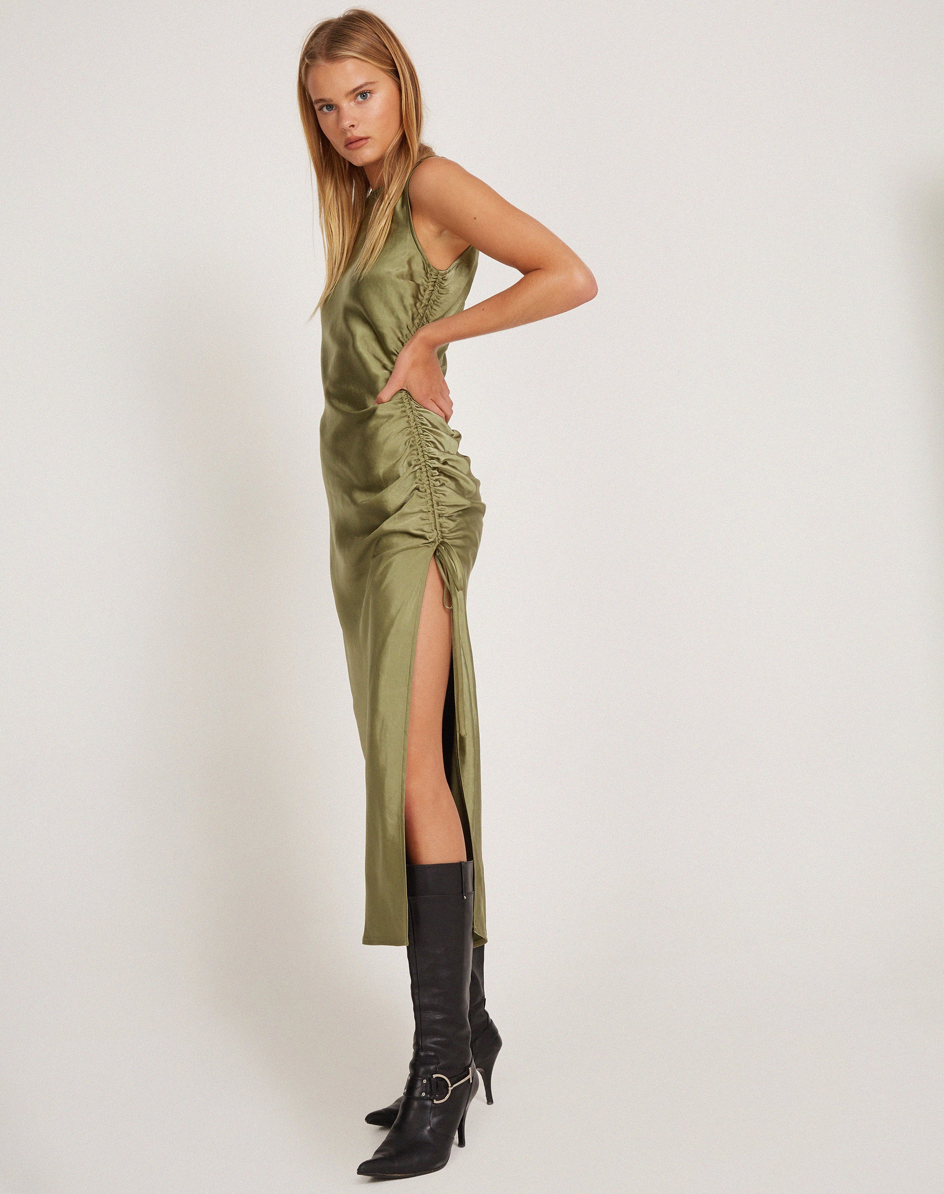 Satin Dark Olive Halter Neck Maxi Dress | Salazar – motelrocks.com