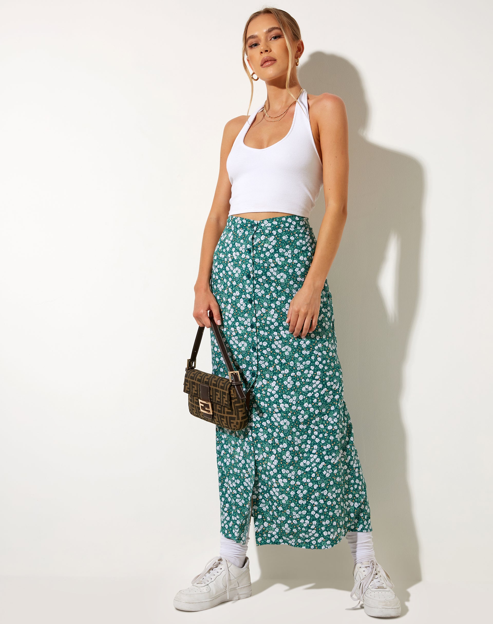 High Waisted Green Floral Print Midi Skirt | Rima – 