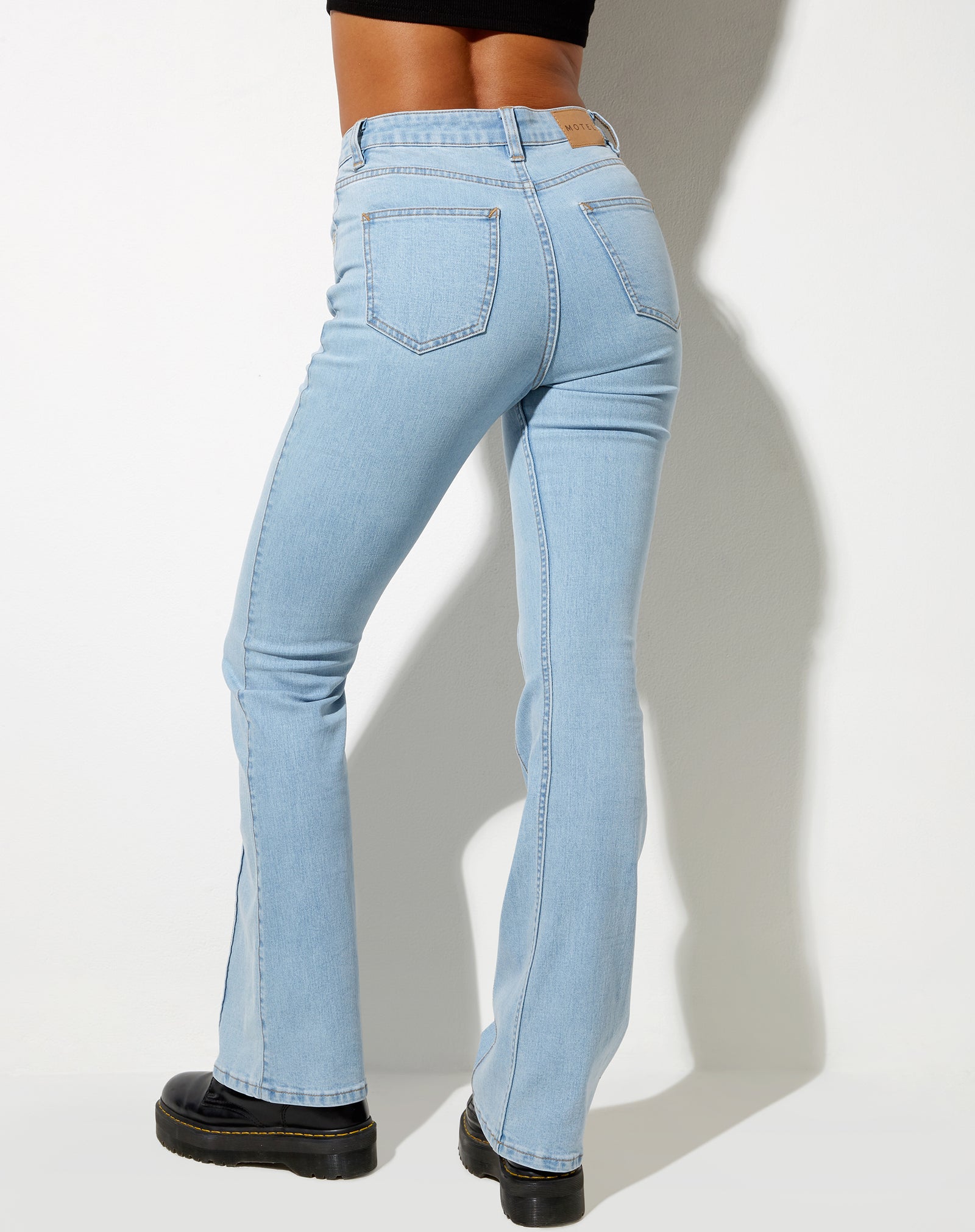 Light Wash Denim High Waisted Flared Jeans | Seam Flare – motelrocks.com