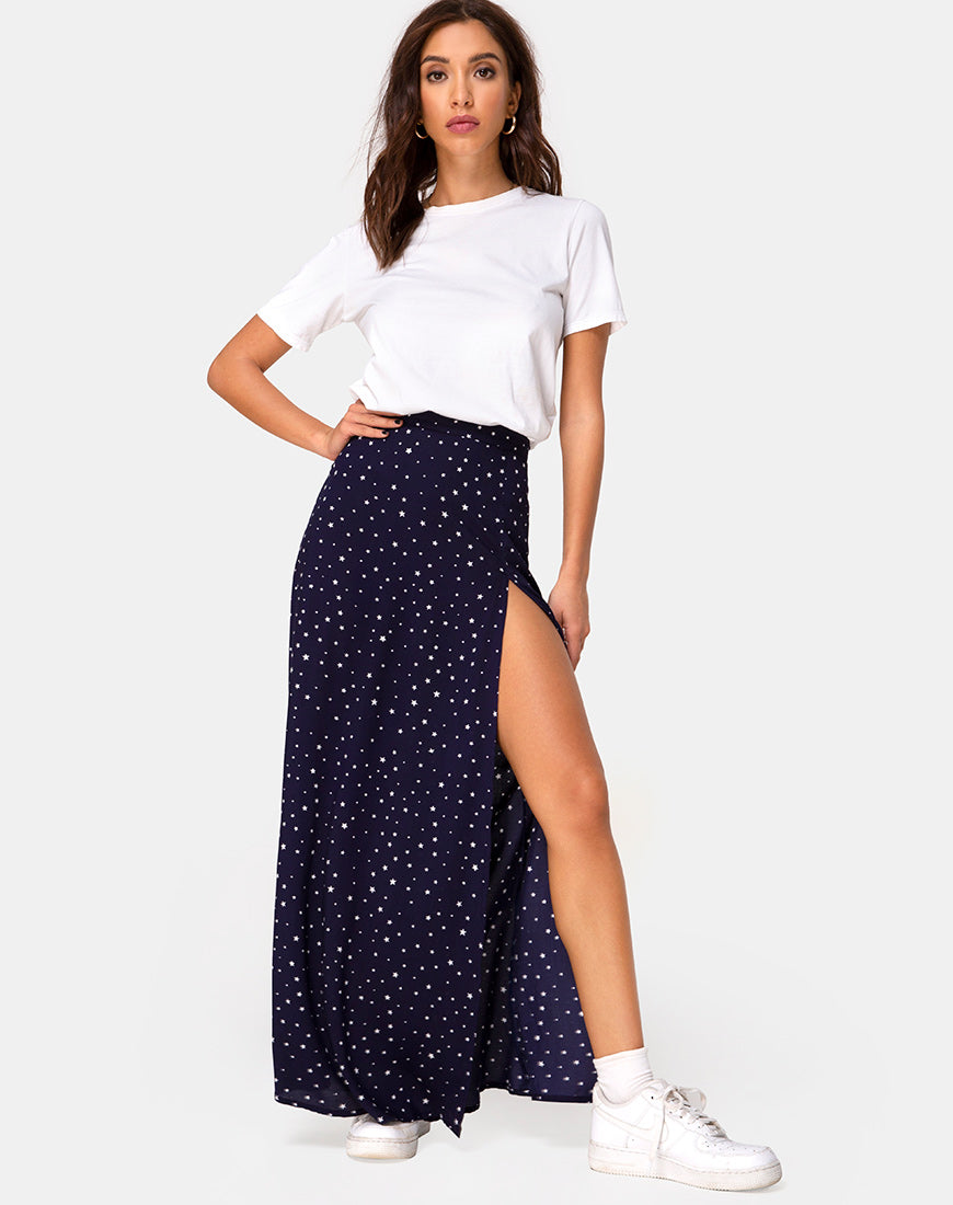 Navy Blue Star Print Maxi Skirt | Shayk – motelrocks.com