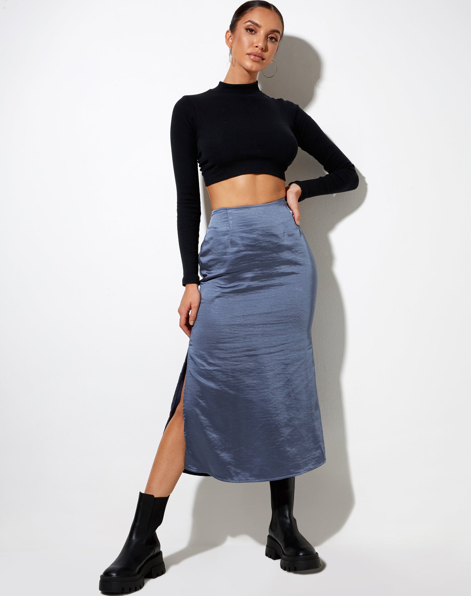 Satin Slate Blue High Waisted Midi Skirt | Tindra – motelrocks.com