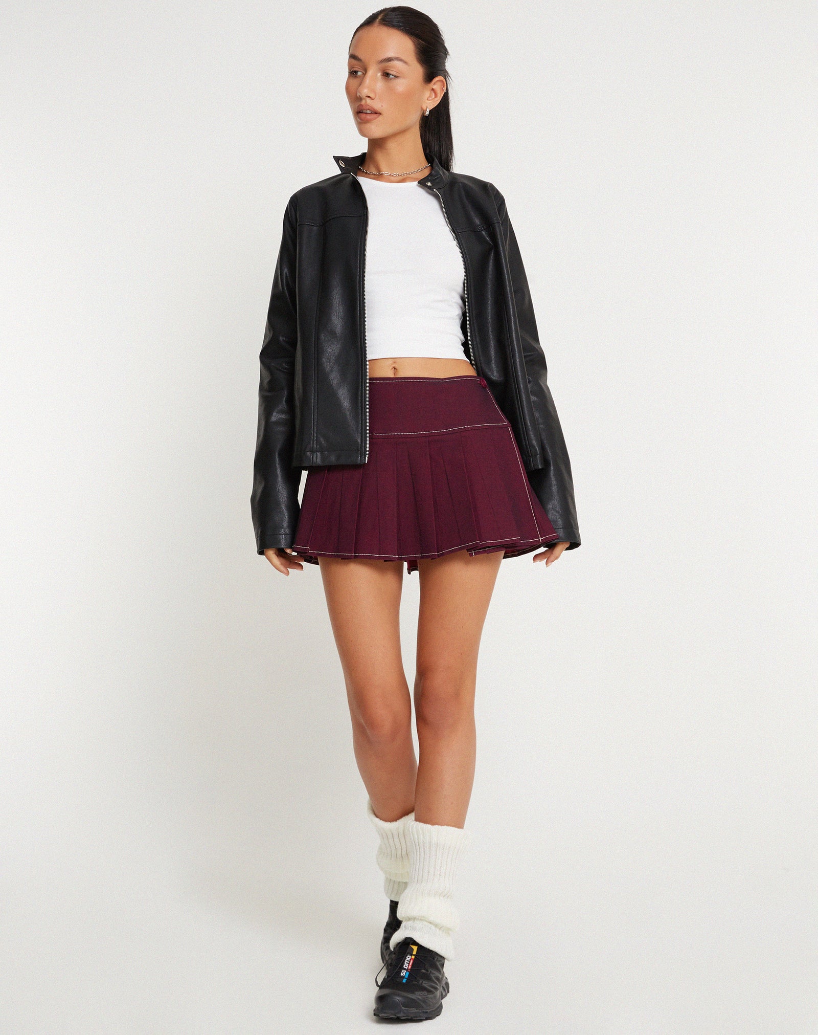 Burgundy with Ecru Stitch Detail Low Rise Mini Skirt | Zabini –  motelrocks.com