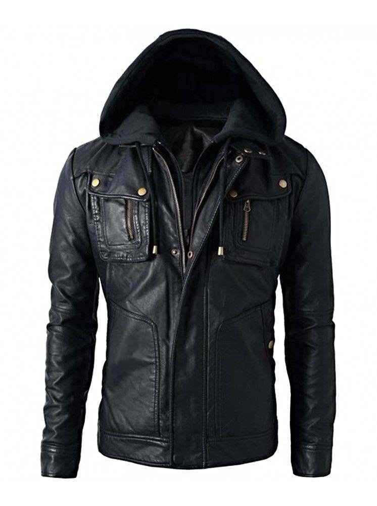 Slim Fit Black Leather Jacket With Hoodie For Men