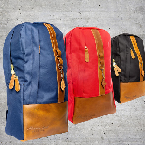 Maroon Bell blue, red and black weekender backpacks