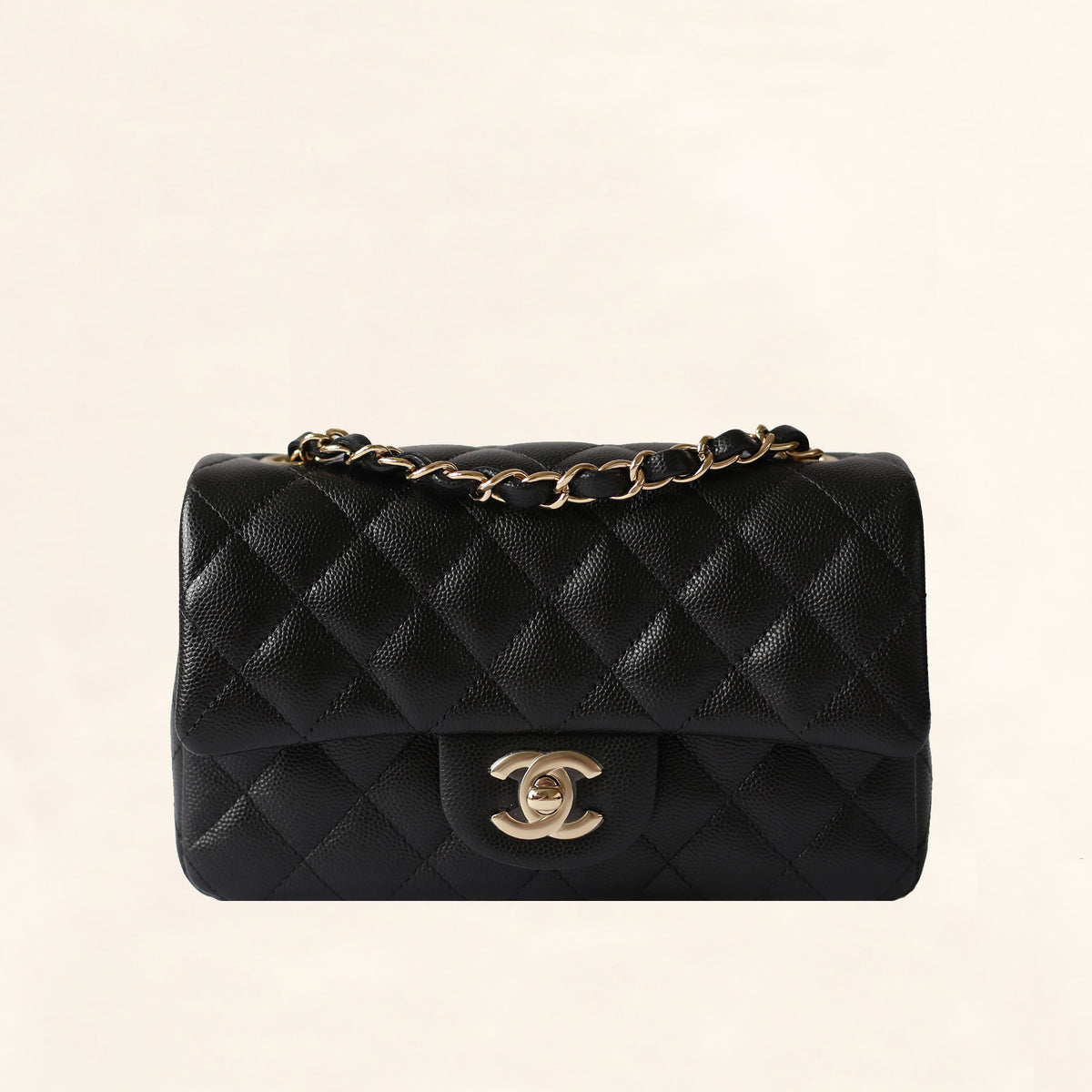 Chanel | Black Caviar Mini Rectangular Flap Bag with Light Gold Hardwa– TC