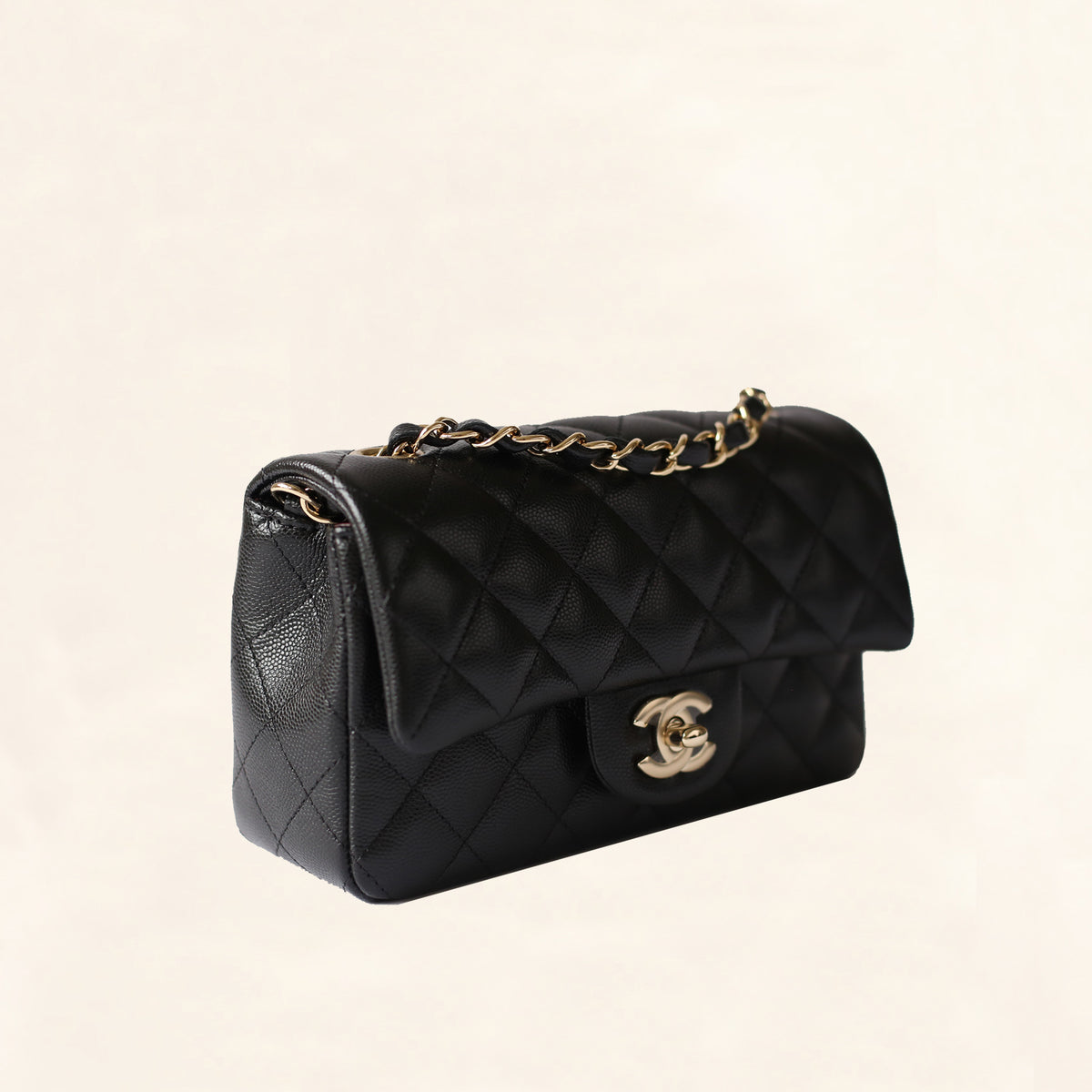 Chanel | Black Caviar Mini Rectangular Flap Bag with Light Gold Hardwa– TC