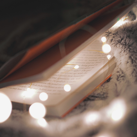 Christmas lights and book