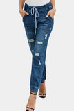 Elasticated Bottom Drawstring High Waist Distressed Jeans Casual Pants
