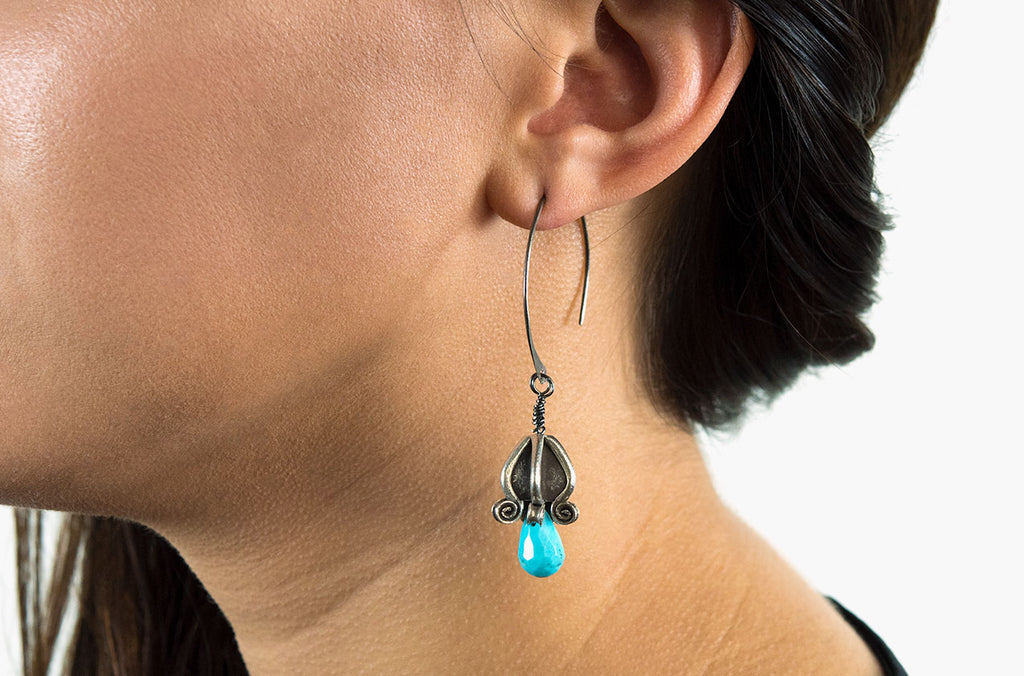 Handmade tribal silver flower with Sleeping Beauty turquoise earring