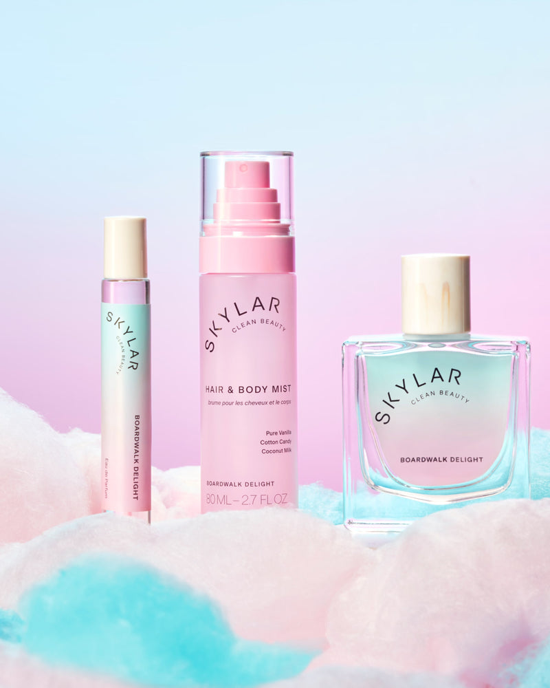 Skylar Boardwalk Delight fragrance set: full-size, travel-size, and hair & body mist spray.