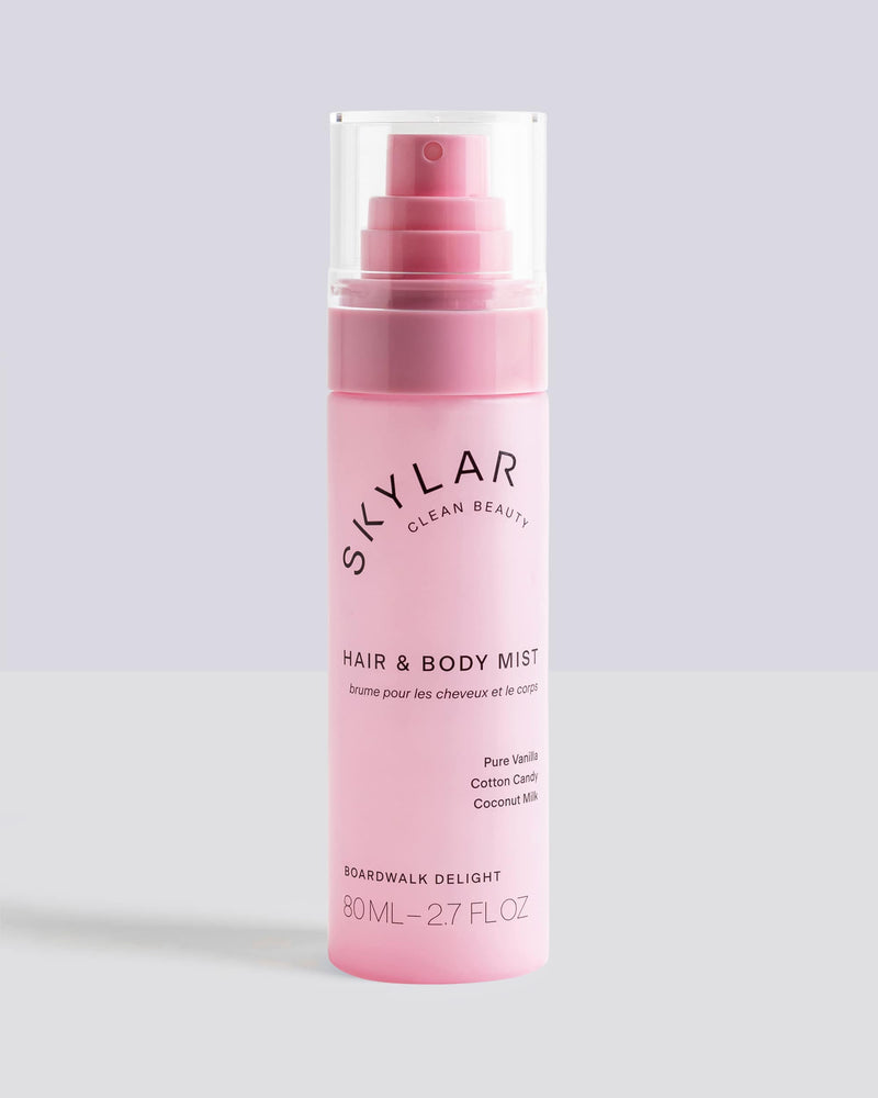 Skylar Boardwalk Delight Hair & Body Mist: travel-size spray bottle with a fruity fresh scent.