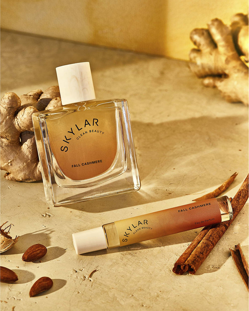 Skylar Fall Cashmere fragrance set:  Gourmand perfume with cinnamon stick, ginger, and almonds.