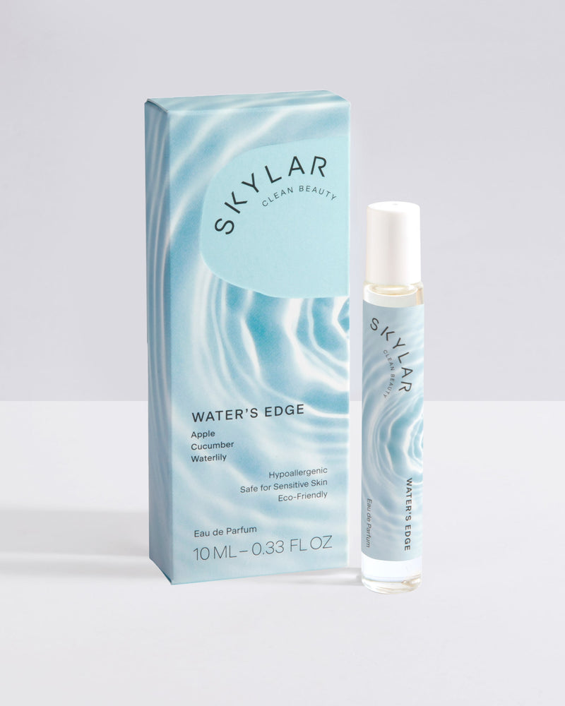 Water's Edge fragrance: Travel-size bottle with a fresh scent displayed next to packaging box.