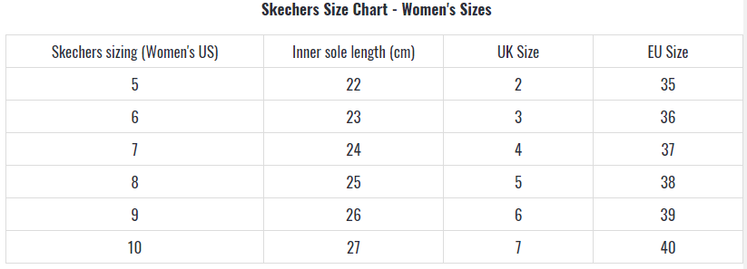 skechers size chart women's