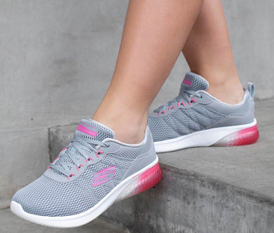 grey and pink sketchers