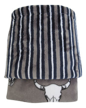 Load image into Gallery viewer, Southwest Cow Skull Gray and Navy Stripe Minky Baby Blanket, In Stock Ready to Ship
