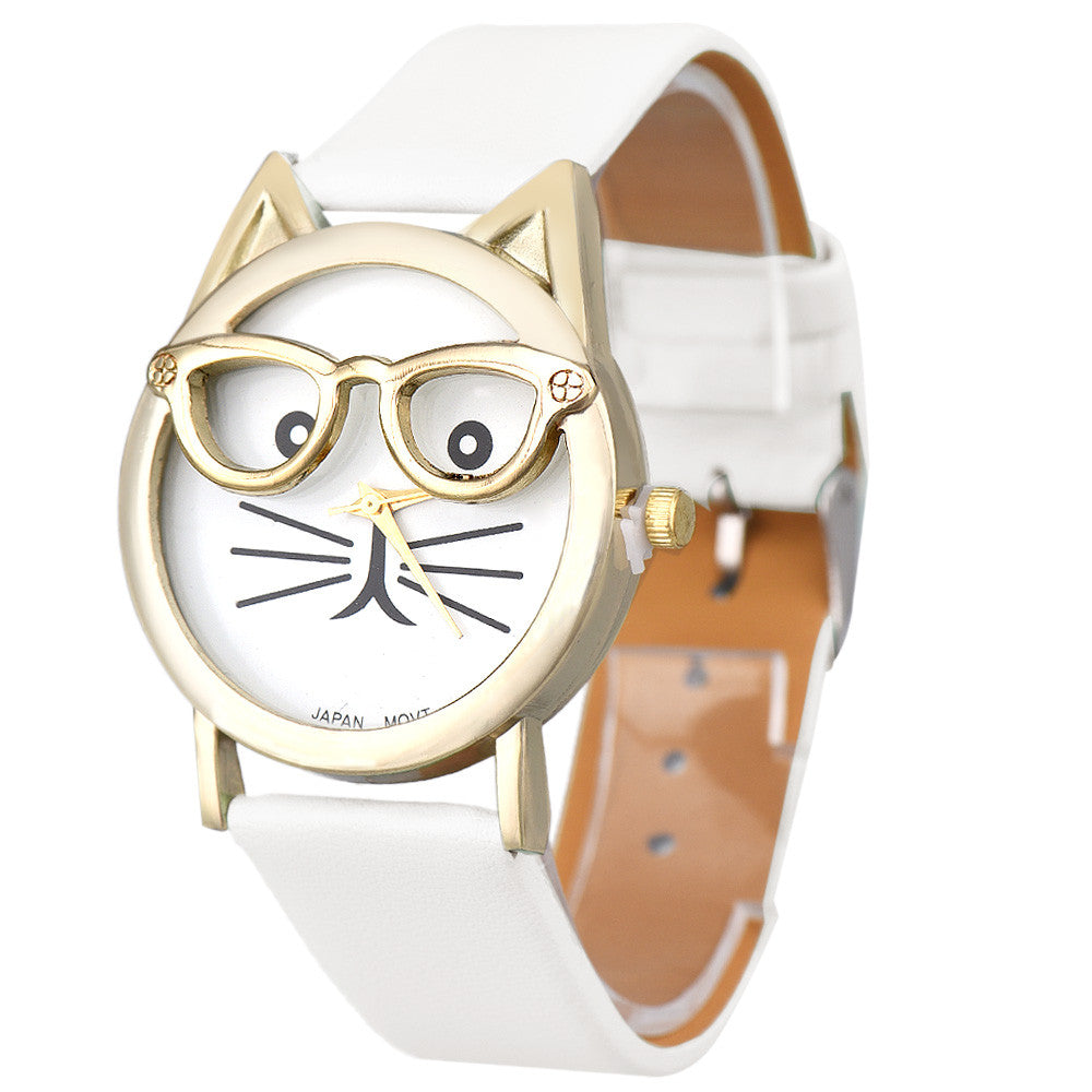 Montre Best Women Watch Cute Glasses Cat Pattern Women Analog Quartz Wrist Watch Casual Girl Bracele