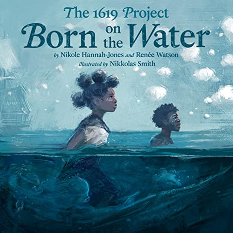 Book cover of "Bron on the water" represents an illustration of a black woman and a man in the ocean. On the back you can guess a ship