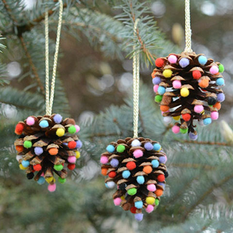 Pom poms and pinecones christmas ornaments