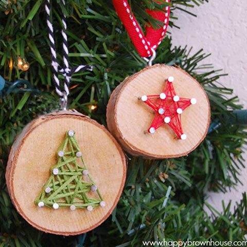 Wood slice string art ornament star and christmas tree