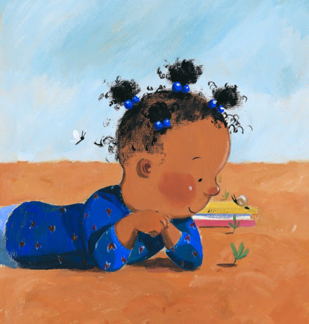 Illustratin of a happy little girl looking at a seed growing