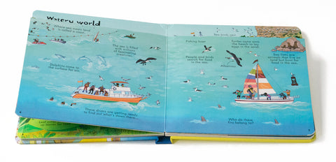 Open booke from "Look inside our world" the watery world. With boat on the sea