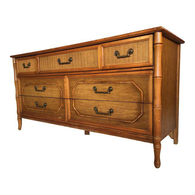 Caned Rattan And Faux Bamboo 7 Drawer Dresser By Broyhill