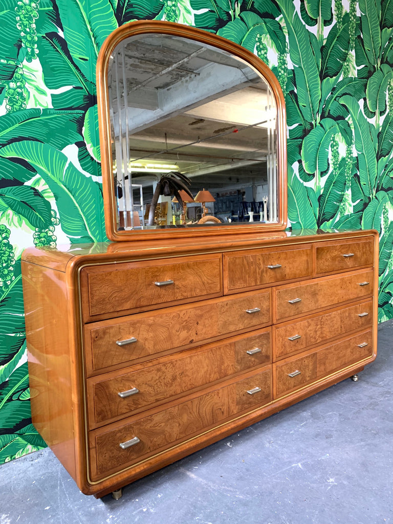 Art Deco Burl Wood Dresser And Mirror By American Of Martinsville